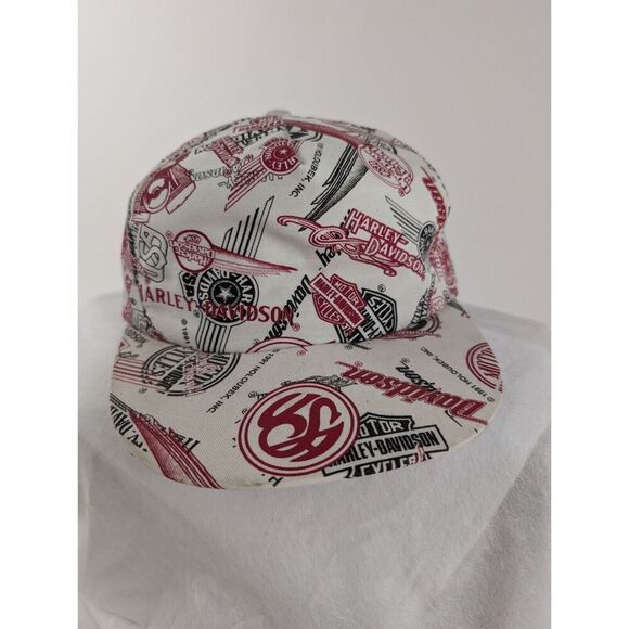 Vintage Harley Davidson 1991 VERNE HOLOUBEK Allover Logo Red Black White Hat Cap - Picture 2 of 11